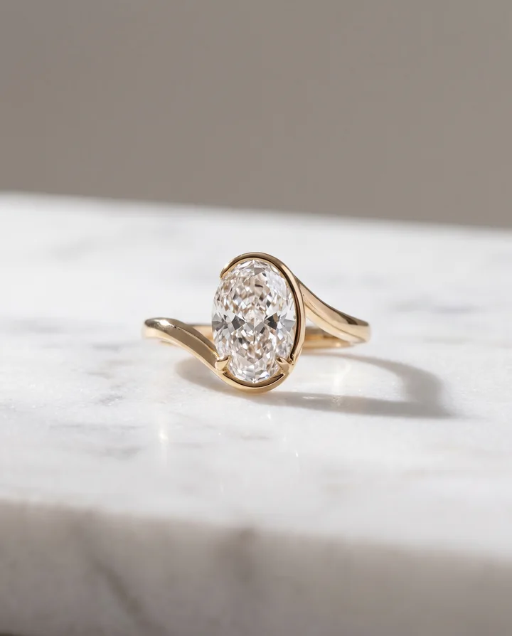 Levendi Jewellers product image: Wave of Love oval cut bezel engagement ring on white marble