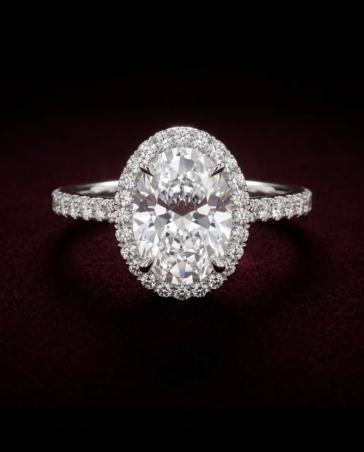 Levendi Jewellers product image: Signature oval hidden halo engagement ring on burgundy velvet